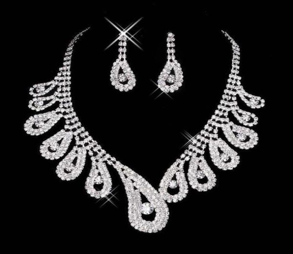 Conjunto de joias de noiva com cristal brilhante barato, colar banhado a prata, brincos de diamante, conjuntos de joias de casamento para noivas, mulheres, noivas acc2743279