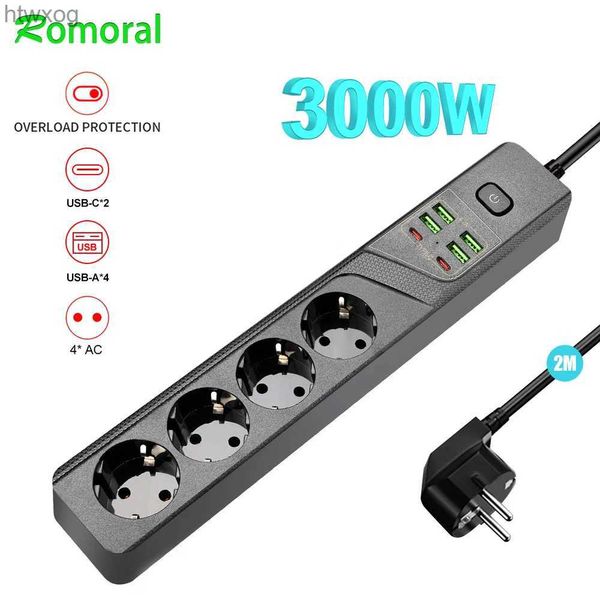 Cabo de alimentação 3000W UE Power Strip com 4USB Tipo C Carregador Plug Strip Soquete 1/3/4 AC Extensão de plugue europeu 2m Soquete de extensão YQ240117