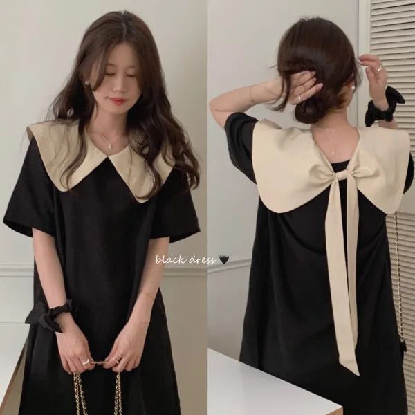 Anbenser Sommer koreanische Version Design vorne und hinten doppelt tragen große Schleife Kontrastfarbe Puppenhals schlankes schwarzes Kleid 240117