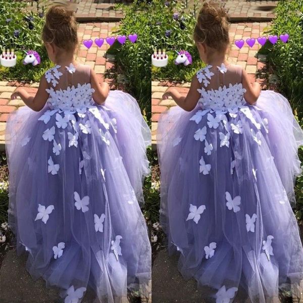 Abito da ballo viola di 7 anni Abiti da ragazza di fiori Tulle Applicazioni floreali 3D Abiti da spettacolo Farfalla Comunione Costumi in maschera251z