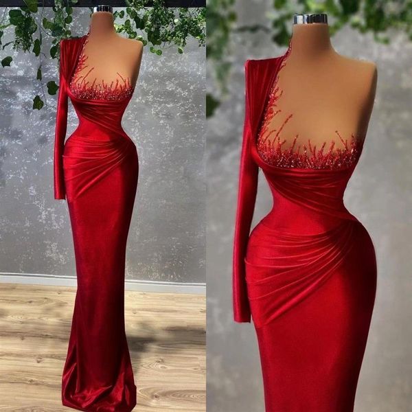 Sexy elegante plus size vermelho sereia vestidos de baile um ombro manga longa para as mulheres pregas até o chão vestidos de concurso de noite custo213y