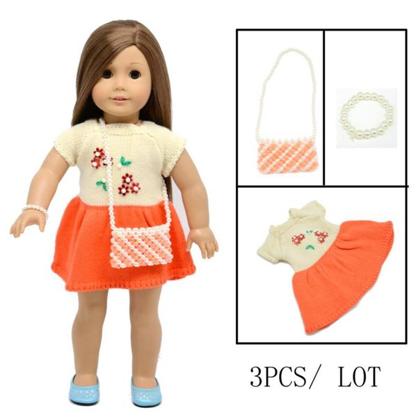 Roupas de boneca americana de 18 polegadas, vestido suéter laranja com pulseira de pérola e bolsa para presente de festa infantil, roupas de boneca access7980322