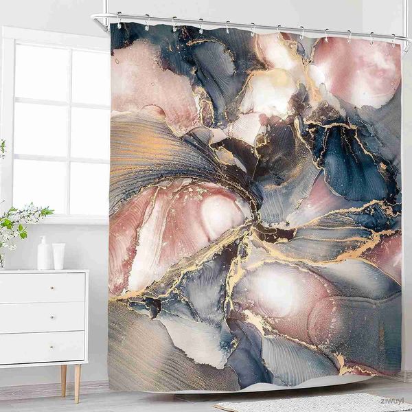 Cortinas de chuveiro cortina de chuveiro para decoração de banheiro azul marinho rosa ouro moderno roxo mármore ombre textura de luxo tinta estética geométrica