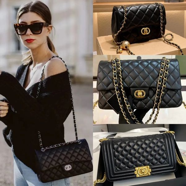 Bolsa de desenhista Bolsa de corrente xadrez aba CF caviar bolsa de ombro ouro prata corrente de couro dupla letra fivela sólida listra quadrada senhora mensageiro cc moda sacos tote