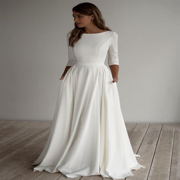 2020 a linha crepe modesto vestido de casamento mangas compridas pockest trem varredura simples elegante informal boho vestidos de noiva mangas personalizadas m277r