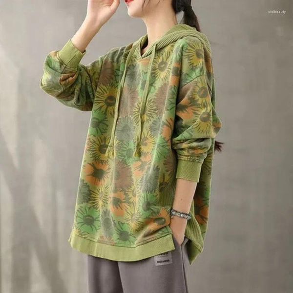 Damen Hoodies Lila Frau Kleidung Baggy Grünes Sweatshirt Lose mit Orint On Grafik Pullover Kapuzenpullover 2000er Jahre Top