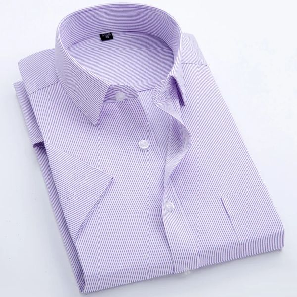 Camicia estiva a maniche corte S~8xl da uomo a righe Colletto quadrato Camicie sociali maschili senza stiratura vestibilità regolare tasca antirughe 240117