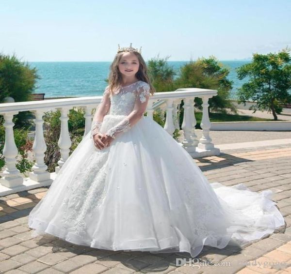 Bonito branco vestidos de baile princesa crianças vestidos de casamento rendas apliques pérola mangas compridas meninas pageant vestido tule flor menina dr1844626