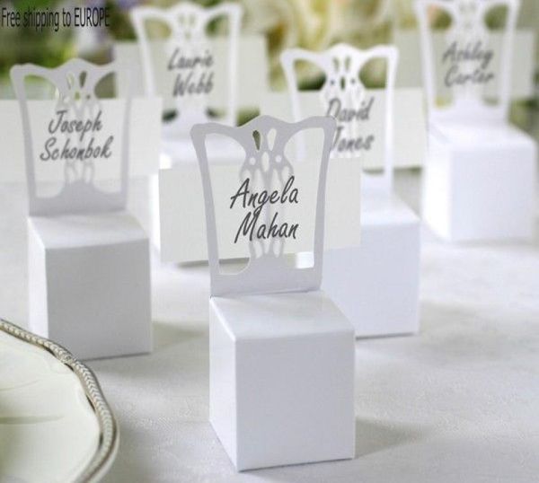 Caixas brancas simples e elegantes para doces de casamento, caixa de chocolate, cadeira branca, caixas de presente com cartões de nome em branco, 250 unidades, lote 9809166
