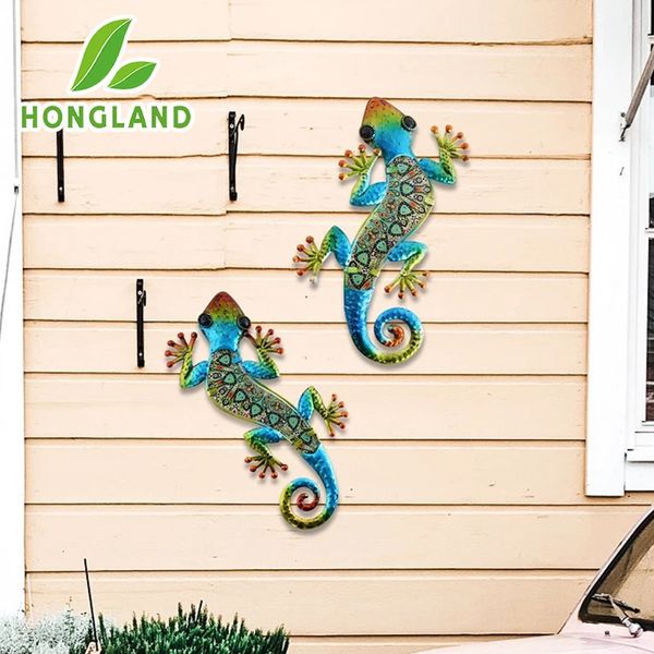 Metal gecko decoração de parede lagarto jardim arte pendurado escultura de vidro interior e exterior terraço cerca 3 cores 2 pçs 240116