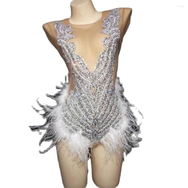 Stage Wear Espumante Strass Penas Brancas Manga Longa Bodysuits Nightclub Dance Show Party Evening Costume Lady