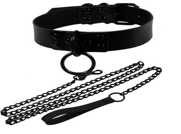 Chokers Mode Sexy Niet Frauen Mann Dunkelschwarz Punk Gothic Alter Slave PU Leder Traktion Seil Kette Bondage Halskette Schmuck2594432