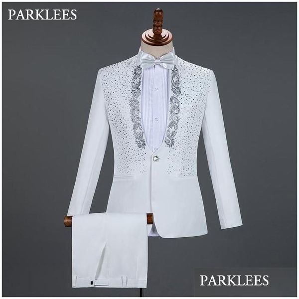 Herrenanzüge Blazer Weißer bestickter Anzug Männer Diamant Hochzeit Bräutigam Smoking Bühne Sänger Kostüm Homme Party Prom Herren mit Hosen Dhwny