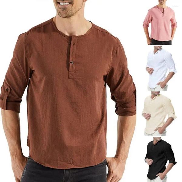 Camisas casuais masculinas camisa de manga comprida camisa de cor sólida com detalhe de abotoadura o pescoço pulôver para primavera simples