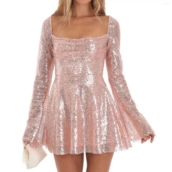Повседневные платья, розовое сексуальное клубное платье для выпускного вечера для женщин, весна-лето, облегающее платье с блестками и блестками, элегантное платье с квадратным воротником и открытой спиной, Vestidos