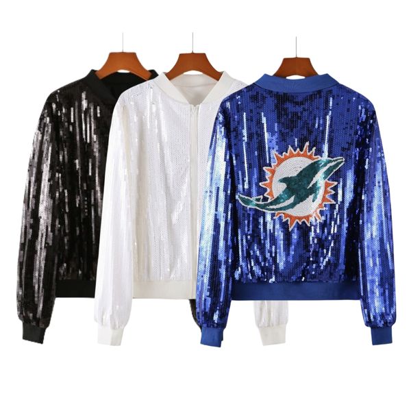 Paillettes Jersey Jakcets Donna Casual Zip Neck Felpe da calcio Giacca da baseball Cappotti Nave libera