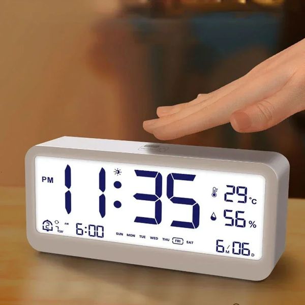 Digital despertador mesa eletrônica parede temperatura umidade calendário semana quarto criança relógio de mesa noite luz decorações 240116