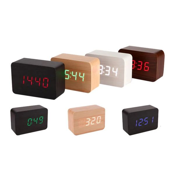 Moda despertador led relógio de madeira mesa controle voz digital madeira despertador usb/aaa alimentado relógios de mesa eletrônicos 240116