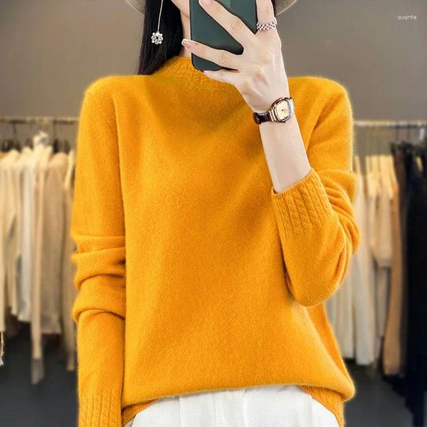 Kadın Sweaters Yün Sakinsiz Yarım Yüksek Boyun Örme Kazak Gevşek Düz Renk Basit Alt Üst Yumuşak Uzun Kollu