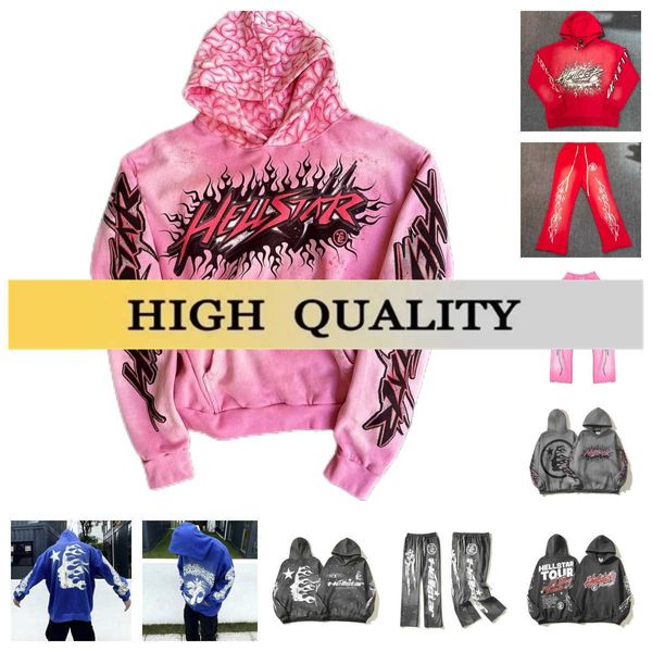 2023 Hellstar Hoodie Designer Hoodie Gráfico Tracksuit Roupas Roupas Hipster Tecido Lavado Rua Graffiti Lettering Folha Impressão Vintage Solto Tracksuit C8