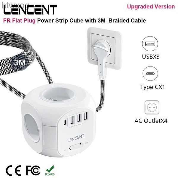 Plugue do cabo de alimentação LENCENT FR Flat Plug Power Strip Cube com 4 tomadas CA 3 portas USB 1 tipo C 3M Cabo trançado multi soquete com interruptor para casa YQ240117