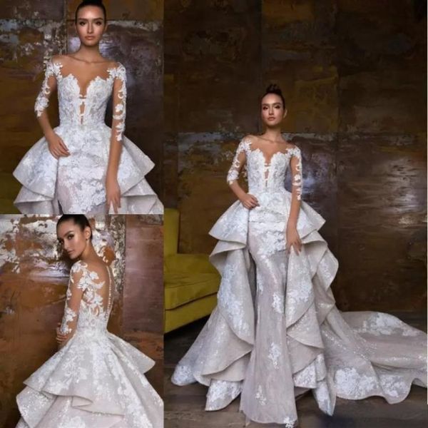 2022 Sereia Vestidos de Casamento Com Trem Destacável Mangas Compridas Lace Appliqued Vestidos De Noiva Illusion Corpete Country Wedding Dress291o