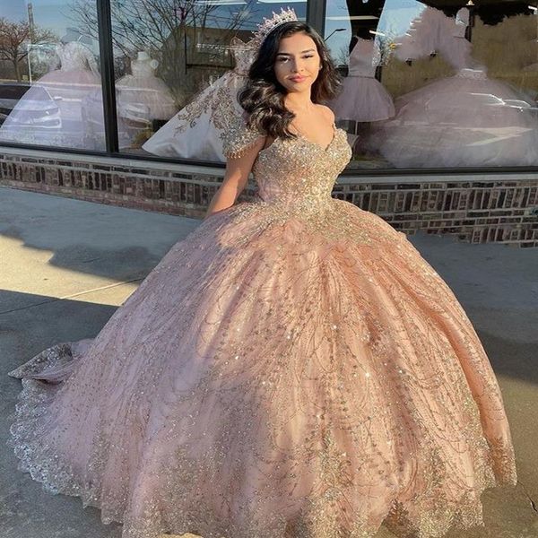 Sparkly Champagne rosa Abiti Quinceanera Abito da ballo in pizzo con paillettes Abiti da ballo Sweetheart Sweet 16 Abito lungo Abito formale187w