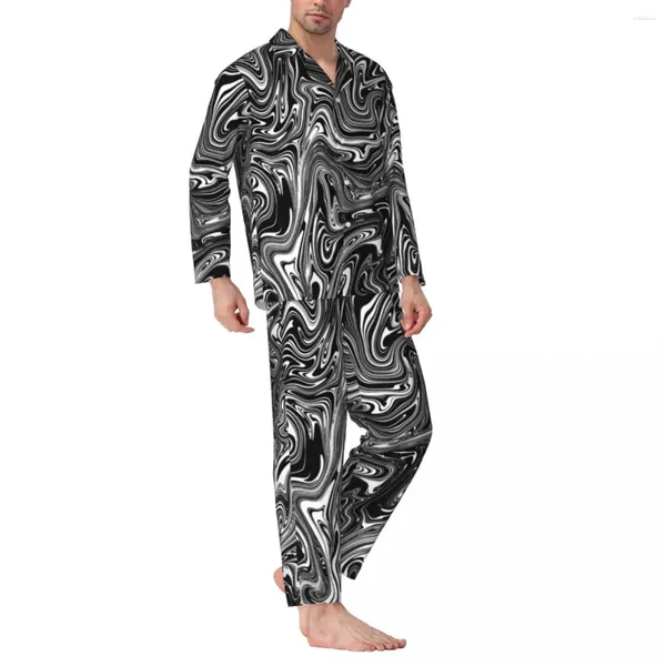 Herren-Nachtwäsche, Schwarz-Weiß-Flüssigkeits-Pyjama-Set, Frühling, abstrakter Marmordruck, Nacht-Männer, 2-teilig, lässige übergroße grafische Nachtwäsche