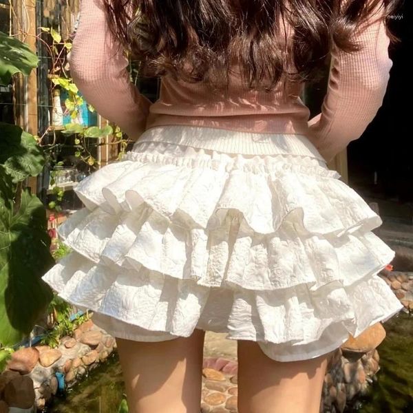 Saias 2024 Kawaii Lolita Saia Shorts Mulheres Verão Ruffle Patchwork Em Camadas Cintura Alta Bonito Balletcore Mini Tutu Petticoat