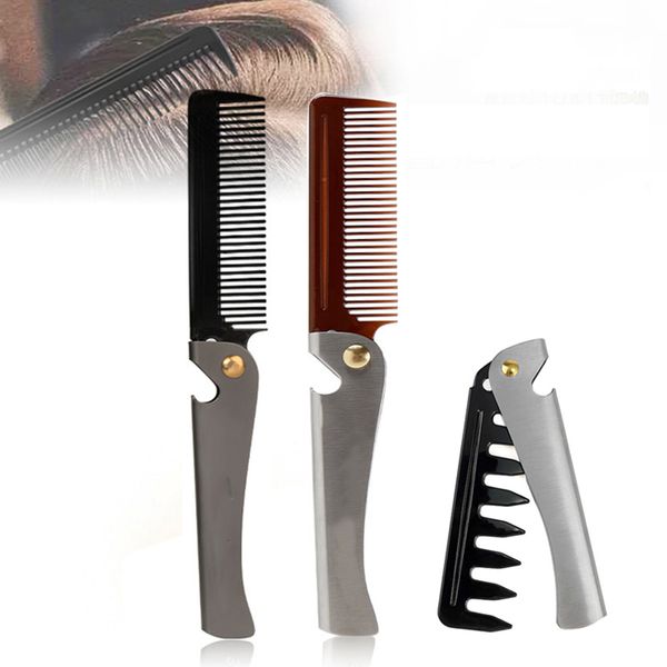 Pente dobrável para cabelo, óleo, de bolso, dentes redondos, escova de estilo de bigode, aço inoxidável, ferramenta de salão de cabeleireiro para homens