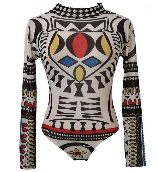 Women039s Overall-spielanzug 2021 Sexy Frauen Tattoo Tribal Print Stretchy Body Durchsichtige Mesh Sheer Langarm Top Lady3689022