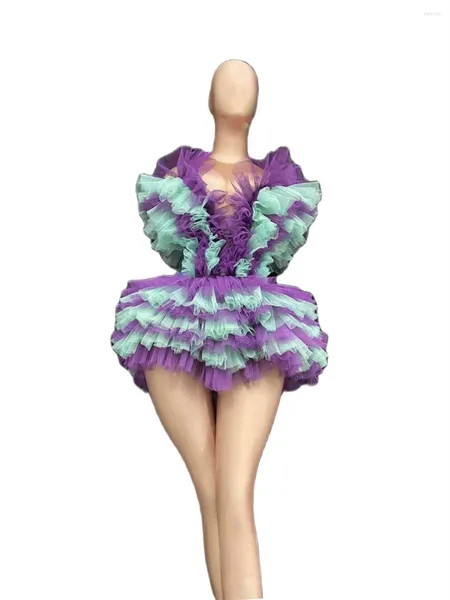 Сценическая одежда Фиолетовое многослойное платье для латинских танцев с рюшами Облегающее плиссированное женское вечернее платье для ночного клуба DJ Модель Подиум Певица Шоу Актерские наряды