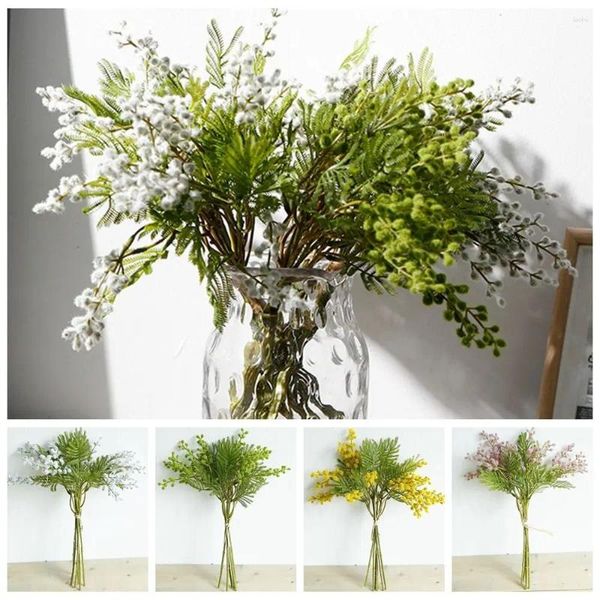 Dekoratif Çiçekler 6 PCS Yapay Acacia Sarı Mimoza Peluş Pudica Sprey Kiraz İpek İpek Sahte Çiçek Düğün Ev Dekorasyon Kırmızı Fasulye