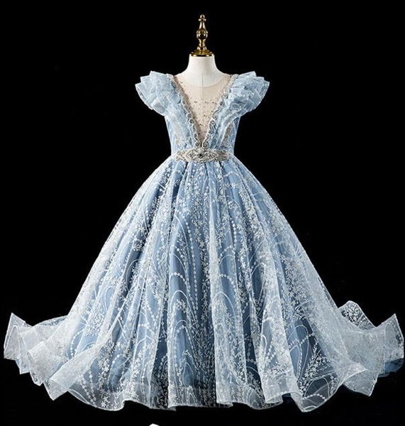 Robes de filles de fleurs gonflées fleur 3D col en V à manches longues enfants adolescents robes de reconstitution historique robe de fête d'anniversaire pour robe de mariée longue queue 29899510