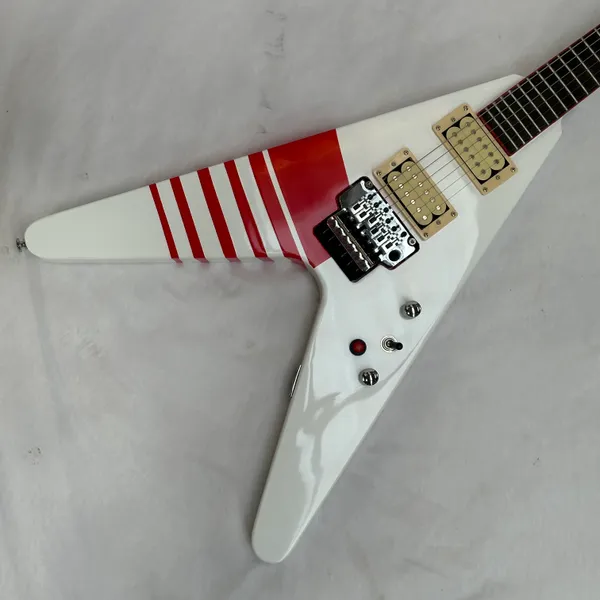 V guitarra elétrica corpo branco com faixa vermelha cabeça jaksn frete grátis