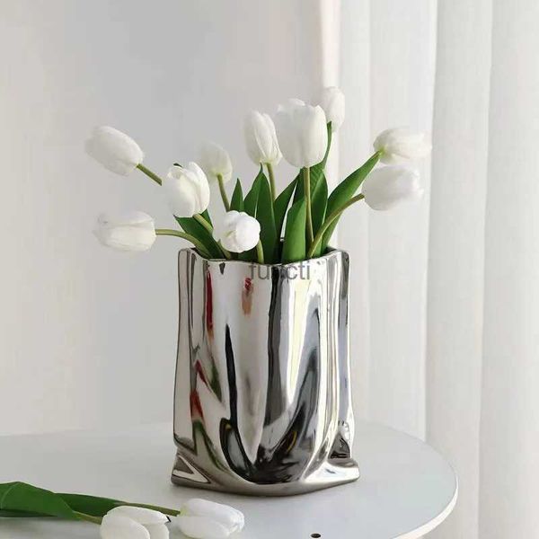 Vasi Argento Vaso di fiori increspato Vaso di ceramica Porcellana Disposizione dei fiori Decorazione Forma di borsa Terrario Decorazione della casa Vasi Vasi YQ240117