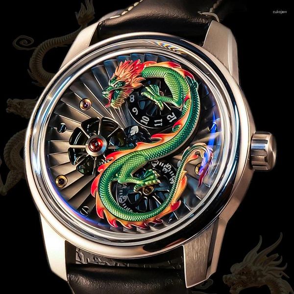 Orologi da polso OBLVLO Incisione 3D Drago cinese Orologi meccanici automatici Vetro zaffiro Orologio da uomo impermeabile Doppie ruote luminose