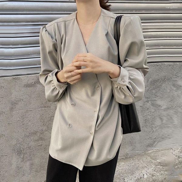 Женские блузки WDMSNA Женская рубашка с пышными рукавами Корейская шикарная осенняя цельная блузка с перекрестным v-образным вырезом для женщин Двубортная свободная повседневная блузка