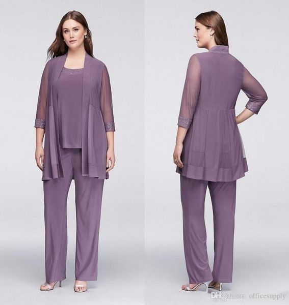 Plus Size Barato Roxo Três Peças Mãe da Noiva Calça Ternos com Jaquetas Lantejoulas Vestidos de Convidados de Casamento Chiffon Mães Groo5228221