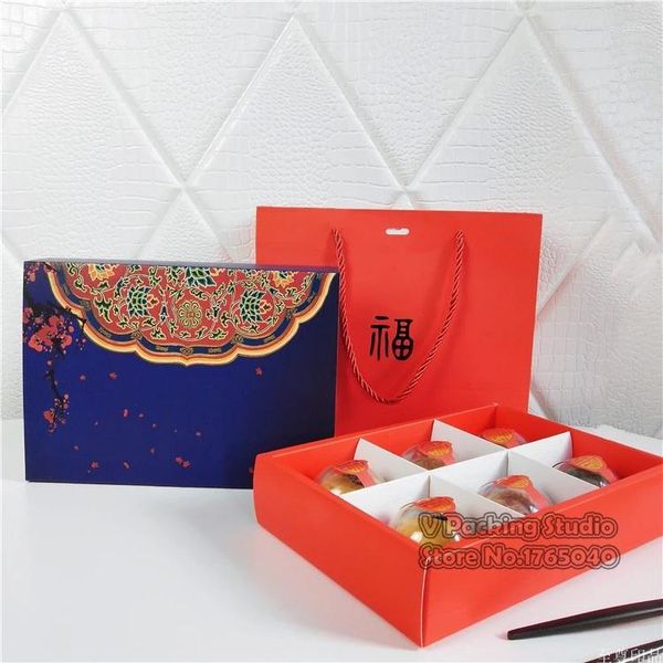 Confezione regalo 22.5x15.5x5cm Scatola per imballaggio di caramelle retrò blu Torta creativa per biscotti Mooncake Scatole per torrone nuziale 100 pezzi / lotto