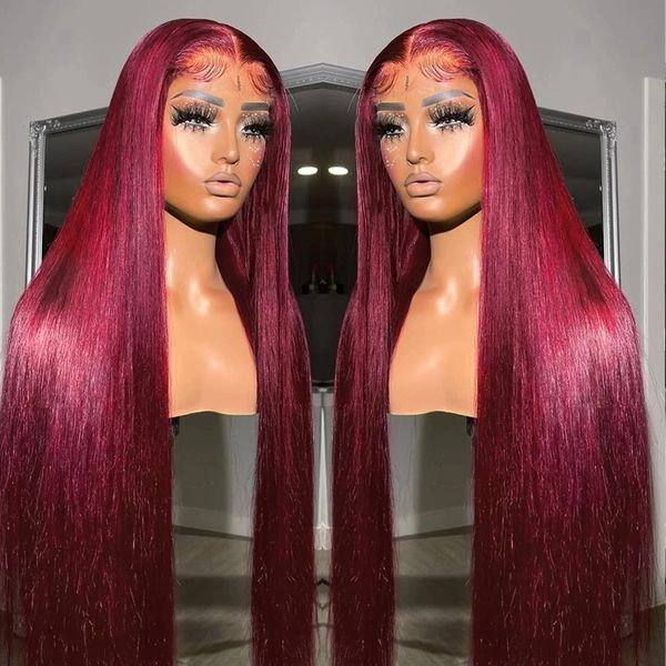 Peruca de cabelo humano com renda frontal vermelha 99j, colorido, reto, borgonha, 13x6, transparente, fechamento frontal, sem cola, para mulheres