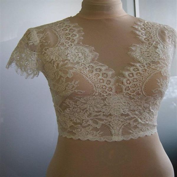 Scialli da sposa in pizzo avorio con maniche ad aletta con scollo a V Bolero da sposa su misura Coprispalle da sposa per abito Cape243L