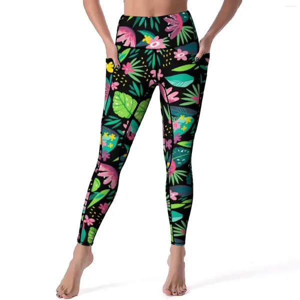 Leggings da donna Fiori tropicali colorati sexy Foglie Stampa Pantaloni da yoga a vita alta Kawaii Leggins ad asciugatura rapida Modello da donna