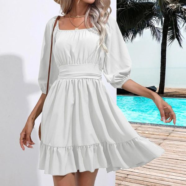 Casual Kleider 2024 Frauen Taille Tunika Weißes Kleid Quadrat Kragen A-Line Mini Hohe Halbe Hülse Robe Femmes