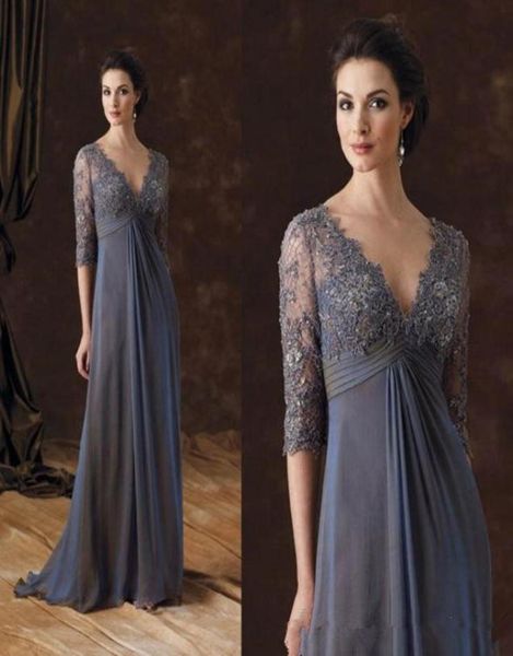 Elegante vita impero abiti per la madre della sposa abiti da sera mezze maniche in pizzo scollo a V abito lungo in chiffon per invitati a un matrimonio M984046677