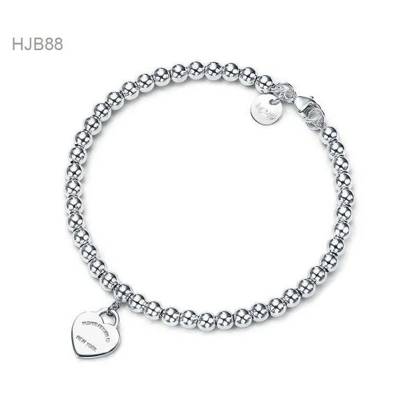 Lüks Takı Tasarımcısı Tiffanyity Charm Bilezikler Popüler S925 Gümüş 4mm Yuvarlak Boncuklar Kalp Şekleli Bilezik Daha Kalın Alt Kaplama Boud 05ZC