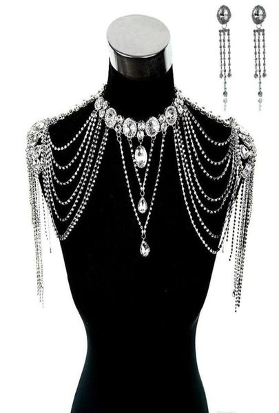 Vestidos de noiva de casamento epaulet jaqueta cristal strass prata colar longo ombro longo corpo inteiro corrente brincos jóias set6129983
