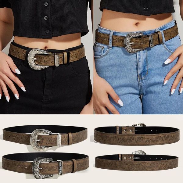 Cintos mulheres metal grande fivela cinto marrom textura cintura senhoras esculpidas pino clássico punk jeans vestidos cintura decorativa