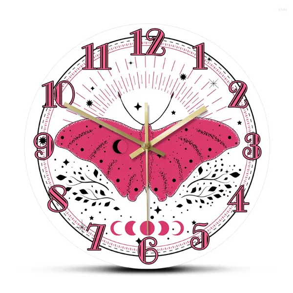 Orologi da parete Farfalla rosa con elementi sole e luna Stile Boho Orologio silenzioso Nursery Art Home Decor Regalo di inaugurazione della casa