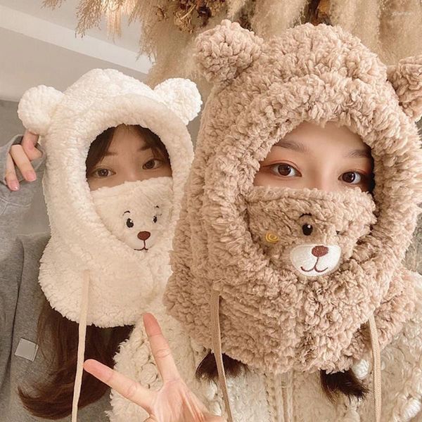Beralar kış karikatür şapkası maske ayı kulak kuzu beanie şapkaları sıcak kalınlaşmış koruma kafatası Beanies kadınlar için kız Korece ins